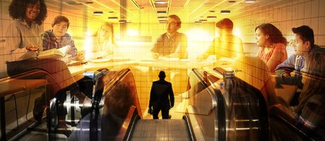 Montage of students in a university seminar and a commuter heading down an escalator. To illustrate work experience as a part of university courses.