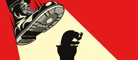 Far-right boot stomping on lecturer, to illustrate the fear that Europe’s universities could fall victim to populist assaults.