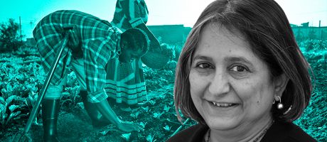 Director of Institute of Development Studies, Anuradha Joshi, with a background of African women tending a garden.