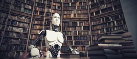 An intimidating robot sits in a library, illustrating loss of human intellectual confidence An intimidating robot sits in a library, illustrating loss of human intellectual confidence