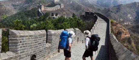 Backpacking walkers on the Great Wall of China