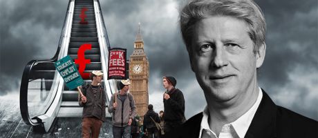 Montage of Jo Johnson, with students protesting tuition fees in 2012, and an escalator of pound sterling symbols illustrating an indexation of tuition fees to inflation. Montage of Jo Johnson, with students protesting tuition fees in 2012, and an escalator of pound sterling symbols illustrating an indexation of tuition fees to inflation.