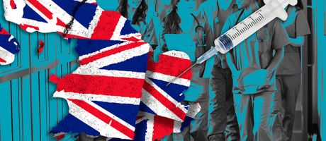 Montage of medical students, with a syringe being stuck in to a map of the UK. To illustrate that regional universities are vital to solving the NHS staffing crisis. Montage of medical students, with a syringe being stuck in to a map of the UK. To illustrate that regional universities are vital to solving the NHS staffing crisis.