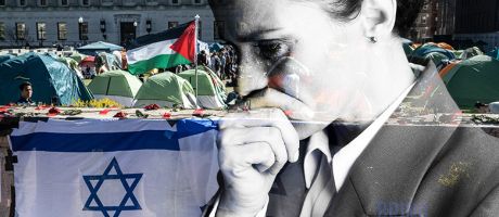 Montage of a doubtful looking woman with a background showing a pro-Israeli protest near students participating in a pro-Palestinian encampment on their campus. To illustrate how HE socialises women faculty to avoid difficult classroom debates. Montage of a doubtful looking woman with a background showing a pro-Israeli protest near students participating in a pro-Palestinian encampment on their campus. To illustrate how HE socialises women faculty to avoid difficult classroom debates.