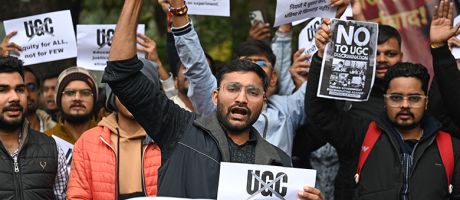 A group of students from Delhi University protesting against New UGC Rule 2026 on 28 January 2026 in New Delhi, India. The students demanded its rollback, calling the UGC Regulations “biased and divisive” and could deepen divisions on campuses.