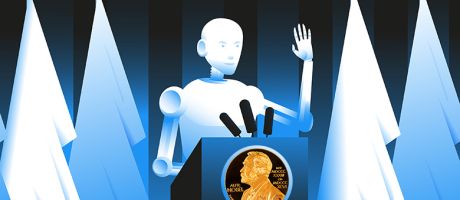 Illustration of a robot at a podium winning a Nobel prize, to illustrate whether AI could ever win a Nobel prize.