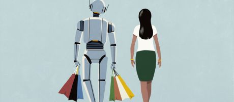 A robot carries a woman's bags, symbolising AI assistance A robot carries a woman's bags, symbolising AI assistance