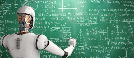 A robot doing mathematics at a blackboard A robot doing mathematics at a blackboard