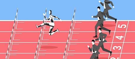 A robot outruns men in suits