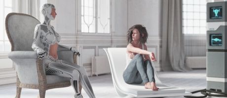 A robot talks to someone on a couch, illustrating AI's therapeutic use