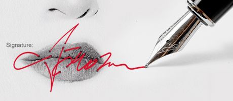 A signature which acts like stitching over some lips. To illustrate a non-disclosure agreement.