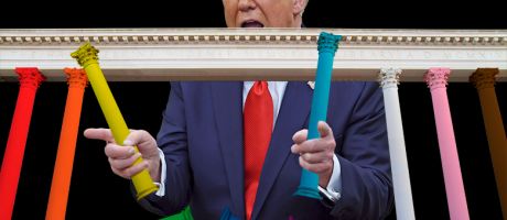 Donald Trump pulling apart columns from the Widener Library at Harvard painted in LGBT colours. To illustrate the president’s crackdown on EDI.