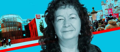 Wendy Larner, vice-chancellor of Cardiff University, with the campus and protests at Cardiff in the background. Wendy Larner, vice-chancellor of Cardiff University, with the campus and protests at Cardiff in the background.