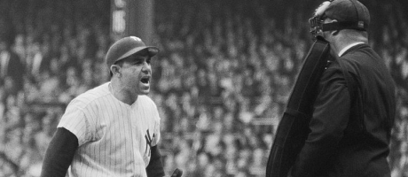 Yogi Berra bellows at the umpire in the 1962 baseball World Series, illustrating dismay at proposals to close language departments Yogi Berra bellows at the umpire in the 1962 baseball World Series, illustrating dismay at proposals to close language departments