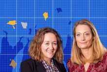 Ruth Hannant and Polly Payne, co-chief executives of the Office for Students (OfS). WIth a background blueprint of graduates throwing mortarboards. To illustrate an overhauled Teaching Excellence Framework (TEF). Ruth Hannant and Polly Payne, co-chief executives of the Office for Students (OfS). WIth a background blueprint of graduates throwing mortarboards. To illustrate an overhauled Teaching Excellence Framework (TEF).