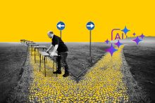 A diverging path with one direction showing a man setting up desks for an exam, and AI in the other direction. To illustrate whether universities are returning to in-person exams to combat AI cheating.