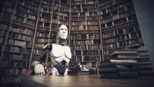 An intimidating robot sits in a library, illustrating loss of human intellectual confidence An intimidating robot sits in a library, illustrating loss of human intellectual confidence