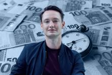 Jano Costard, head of challenges at the Federal Agency for Disruptive Innovation (Sprind), with Euros and stopwatch in background illustrating a rapid turnaround of grants.