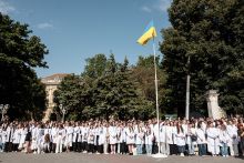 Students of Danylo Halytskyi National Medical University of Lviv put on white doctor's coats during the celebrations for the beginning of the new school year on 29 August, 2025 in Lviv, Ukraine.