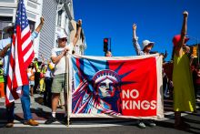 A "no kings" protest in Oakland, part of a national day of pro-democracy demonstations on October 18, 2025