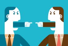 People arguing with tongues replaced with fingers pointing at each other. To illustrate that grievances are on the rise in UK universities. People arguing with tongues replaced with fingers pointing at each other. To illustrate that grievances are on the rise in UK universities.