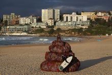 A surfer interacts with a sculpture titled 'Plastic pile of sh!t, 2023' at Bondi Beach on 5 June, 2023 in Sydney, Australia. To illustrate a ‘bullshit index’ for policy documents developed by an Australian educational researcher. A surfer interacts with a sculpture titled 'Plastic pile of sh!t, 2023' at Bondi Beach on 5 June, 2023 in Sydney, Australia. To illustrate a ‘bullshit index’ for policy documents developed by an Australian educational researcher.