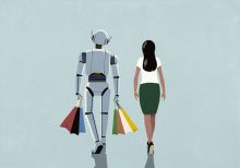 A robot carries a woman's bags, symbolising AI assistance A robot carries a woman's bags, symbolising AI assistance