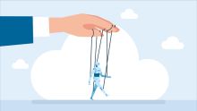 A human hand manipulates a robot marionette, illustrating human judgement