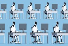 Many robots working on computers, illustrating standardised peer reviews produced by AI Many robots working on computers, illustrating standardised peer reviews produced by AI