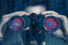 Someone looks through binoculars with binary code in the lenses Someone looks through binoculars with binary code in the lenses