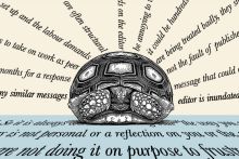 A tortoise hiding in its shell while being bombarded with lines of text. To illustrate publishers being inundated with requests which can lead to standards slipping.