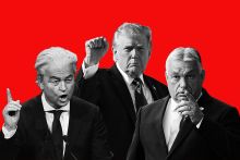 Montage of Donald Trump, prime minister of Hungary Viktor Orbán, and president of the far-right Party for Freedom (PVV) Geert Wilders.
