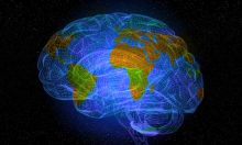A networked brain with a world map superimposed