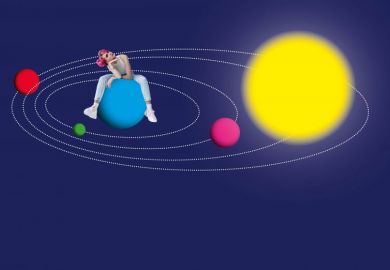 Girl sitting on large ball in shape of planet with other ball looking planets to illustrate Give students the ed ucation they deserve