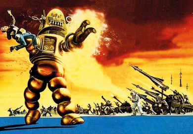 1950s robot menacing man and being attacked by military 1950s robot menacing man and being attacked by military