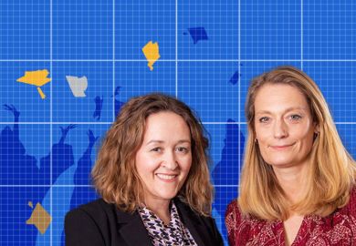 Ruth Hannant and Polly Payne, co-chief executives of the Office for Students (OfS). WIth a background blueprint of graduates throwing mortarboards. To illustrate an overhauled Teaching Excellence Framework (TEF).