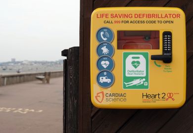 A lifesaving automated external defibrillator installed on the seafront for emergency use in Shoeburyness, Essex