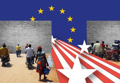 People from Afirca walking towards a brick wall blocking access to Europe, whilst the US stars and stripes gain access through the wall. To illustrate European universities welcoming scientists from the US, despite worse conditions elsewhere.