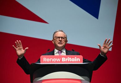 Australia's Prime Minister Anthony Albanese gestures as he prepares to speak on the first day of the annual Labour Party conference in Liverpool, north-west England, on 28 September, 2025.