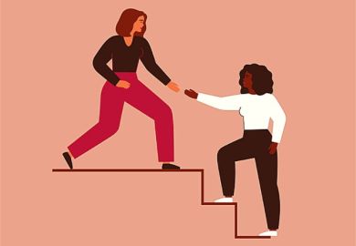 A woman reaches down to help a colleague up the stairs, illustrating allyship A woman reaches down to help a colleague up the stairs, illustrating allyship