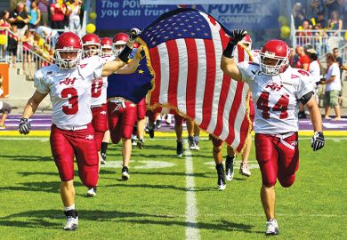 The American football team of Rose Hulman College entering the Hohe Warte Stadium illustrating issues with culture of US college sports