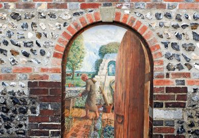 An open door with a painting behind it An open door with a painting behind it