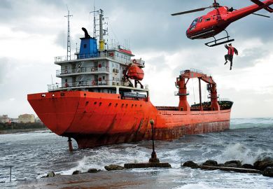 Montage: a helicopter drops an academic on board a stricken ship