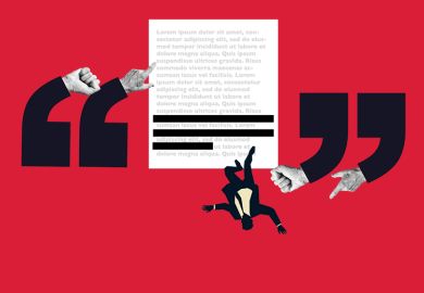 Man being pushed from a retracted paper by quotation marks that are pointing and have clenched fists. To illustrate harsh sanctions for research misconduct. Man being pushed from a retracted paper by quotation marks that are pointing and have clenched fists. To illustrate harsh sanctions for research misconduct.