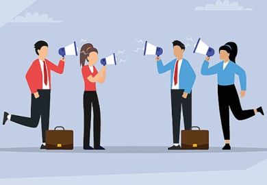 Figures in red and blue shout at each other through megaphones