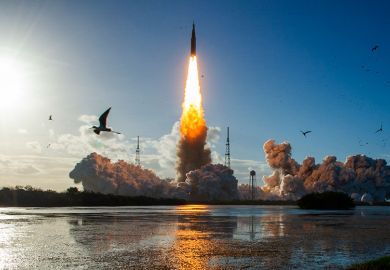 The Artemis II crewed lunar mission lifts off from Pad 39B at Kennedy Space Center in Cape Canaveral, Florida, on 1 April 2026. 