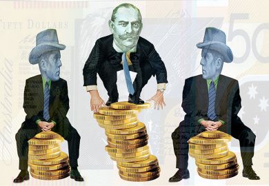Balancing managed funds illustration, using figures from Australian banknotes balancing on piles of coins. To illustrate conflicting trends of affluence and adversity in the Australian HE sector. Balancing managed funds illustration, using figures from Australian banknotes balancing on piles of coins. To illustrate conflicting trends of affluence and adversity in the Australian HE sector.