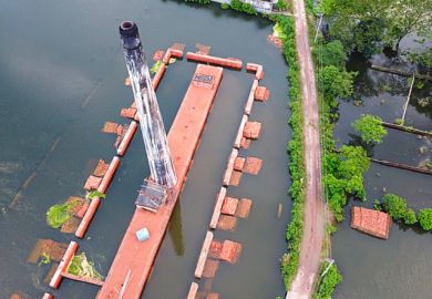 Aerial view of flooded brick factory during rainy season in Dhaka, Bangladesh Aerial view of flooded brick factory during rainy season in Dhaka, Bangladesh