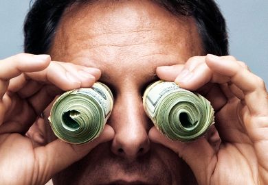 Man searching using money as binoculars. To illustrate whether journals that pay peer reviewers can succeed.