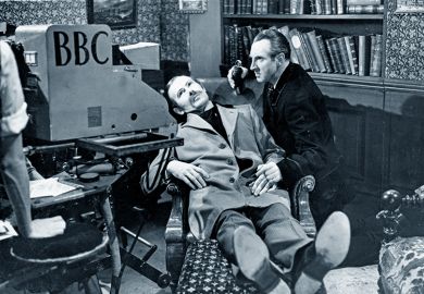 Actors Alan Wheatley and Raymond Francis in Sherlock Holmes, with a BBC camera. To illustrate that historians are unable to find material held at the BBC Written Archives Centre due to the suspension of vetting requests.